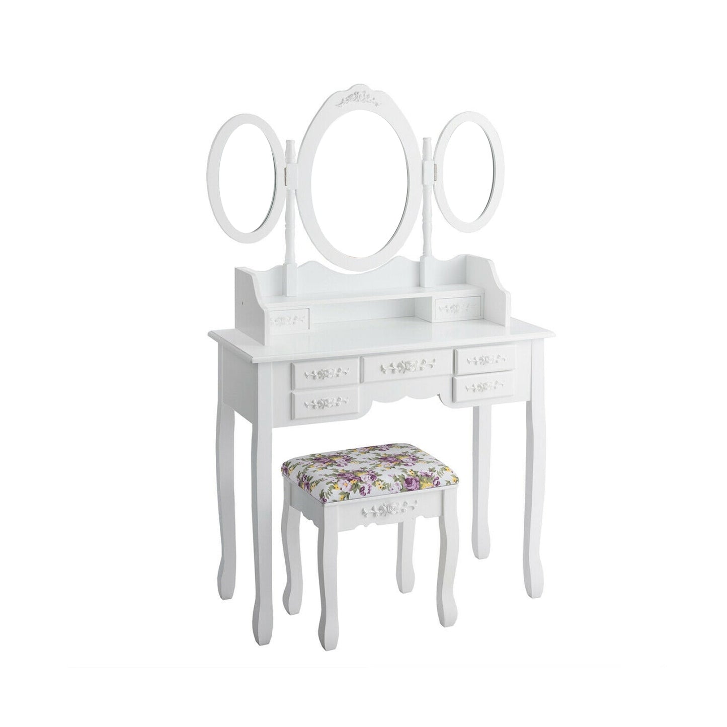 7 Drawer Tri-Folding Mirror Dressing Vanity Makeup Set