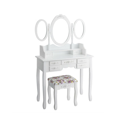 7 Drawer Tri-Folding Mirror Dressing Vanity Makeup Set