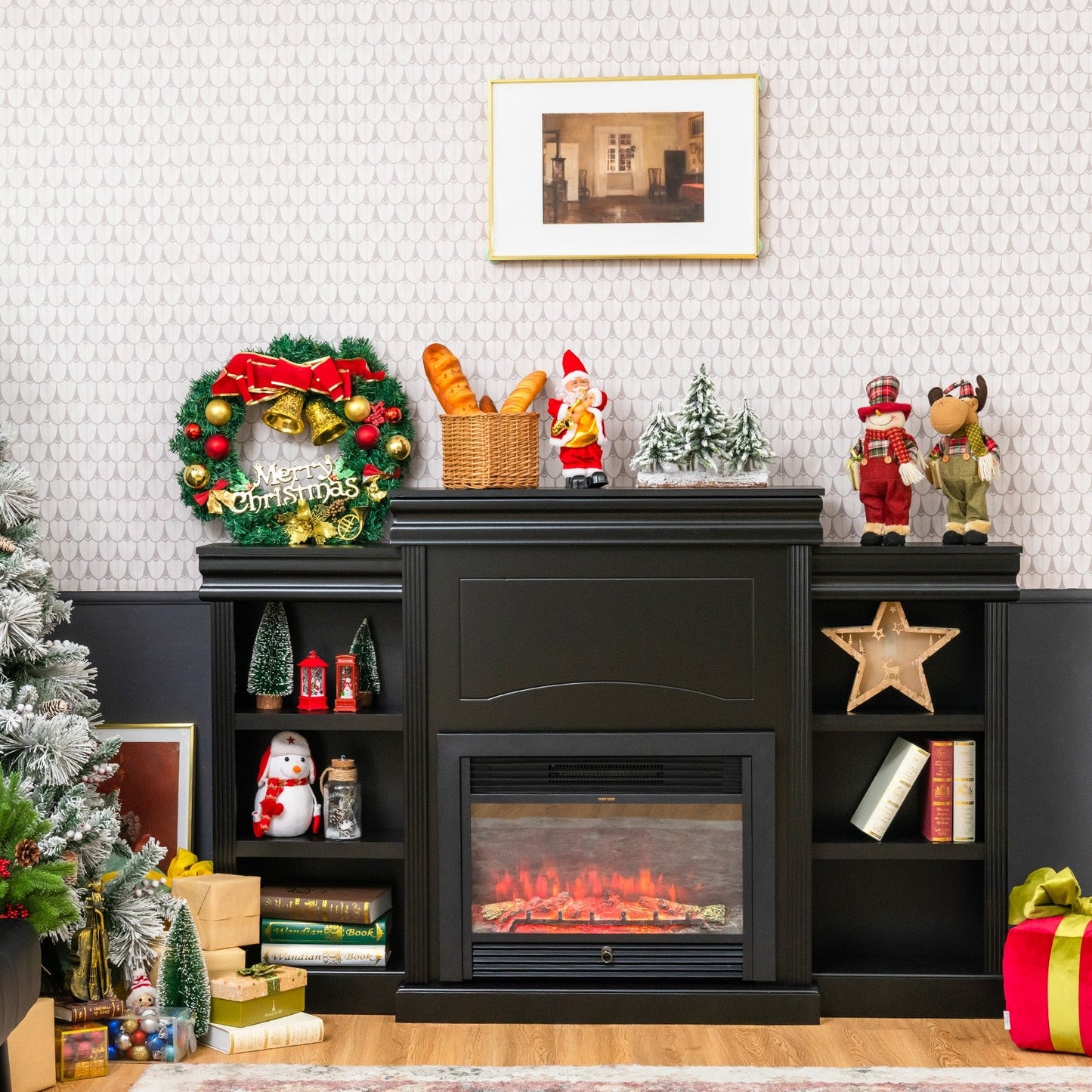 70 Inch Modern Fireplace Media Center with Bookcase