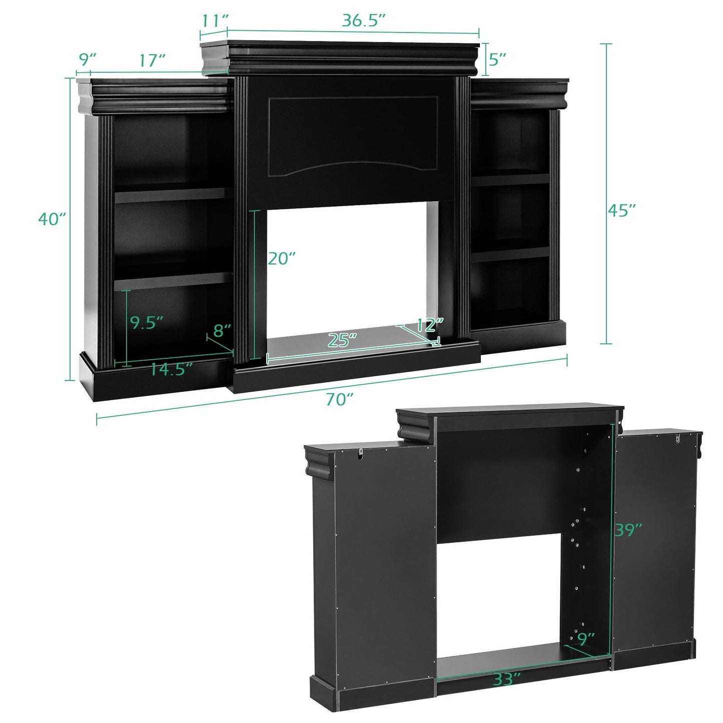 70 Inch Modern Fireplace Media Center with Bookcase