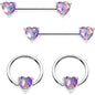 Purple Faux Opal Heart Captive Ring Straight Barbell Nipple Ring Set