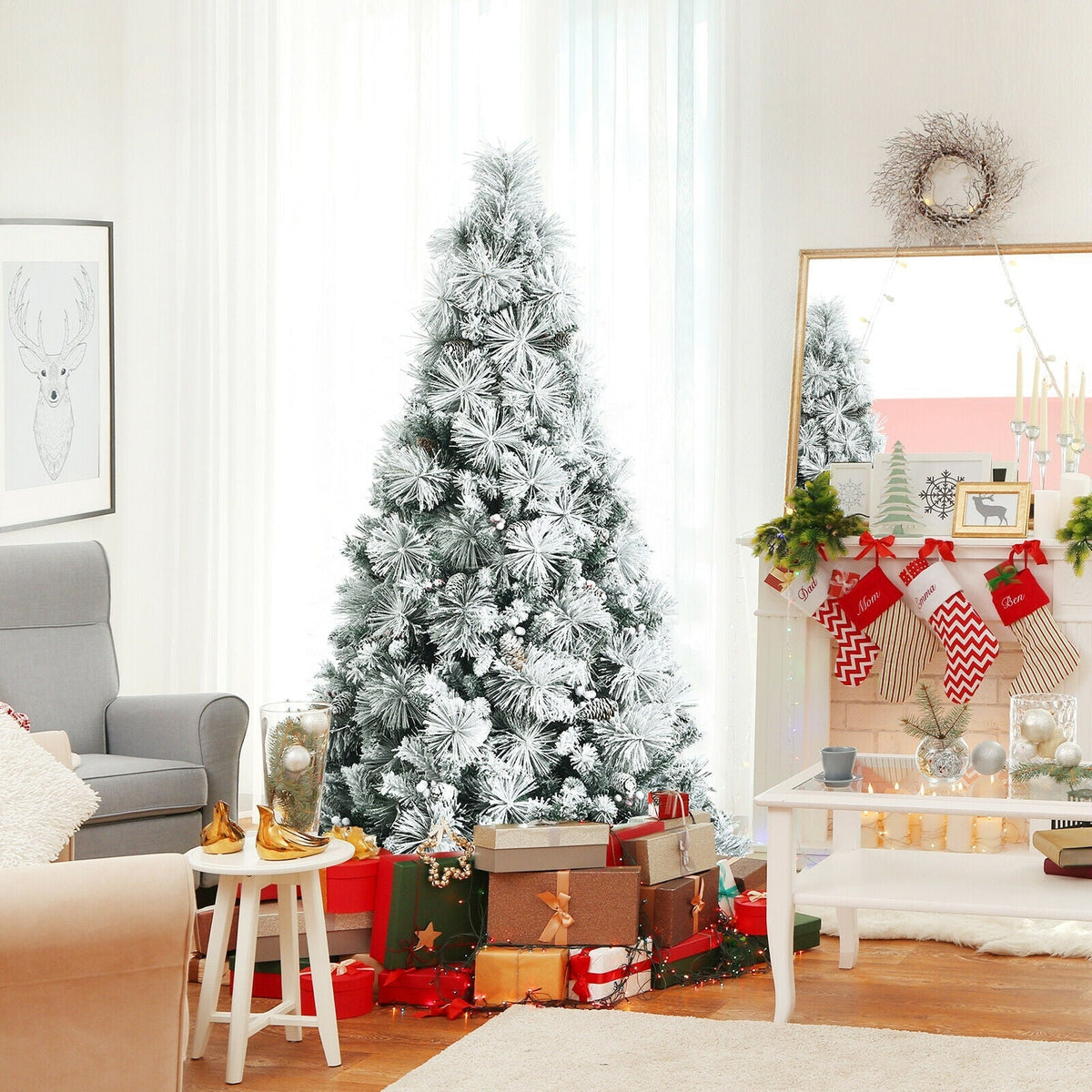 6 Feet Snow Flocked Christmas Tree with Pine Cone and Red Berries
