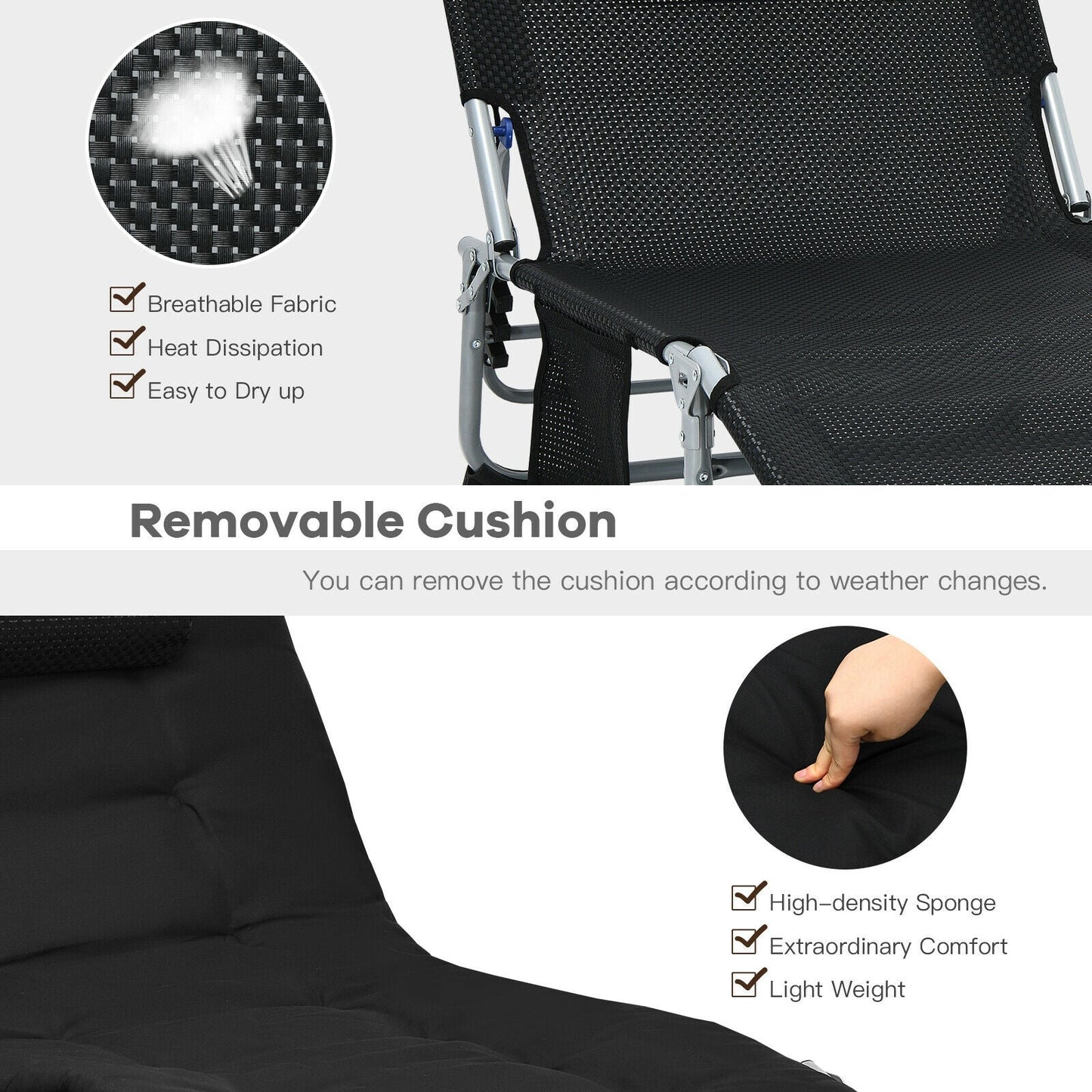 4-Fold Oversize Padded Folding Lounge Chair with Removable Soft Mattress