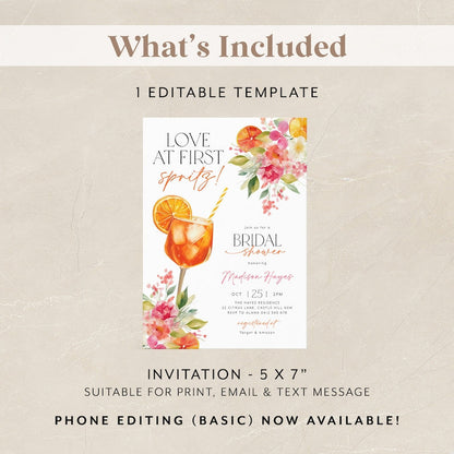 Love at First Spritz Bridal Shower Invitation, Aperol Spritz Bridal Shower Invite, Citrus Bridal Brunch, Orange Bridal Shower Bright Florals