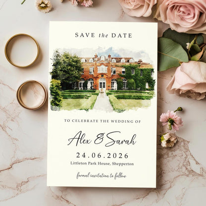 DIGITAL Venue Save the Date Card, E-Invite Watercolour Wedding Save the Dates, Sketch Illustration Painting Drawing