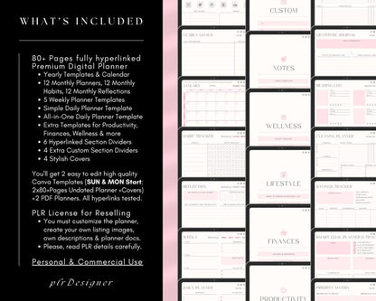 PLR Undated Digital Planner, Hyperlinked. Premium Design, Aesthetic Pink Pastels PLR Canva Template Resell Planner with Private Label Rights