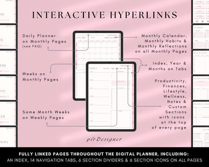 PLR Undated Digital Planner, Hyperlinked. Premium Design, Aesthetic Pink Pastels PLR Canva Template Resell Planner with Private Label Rights