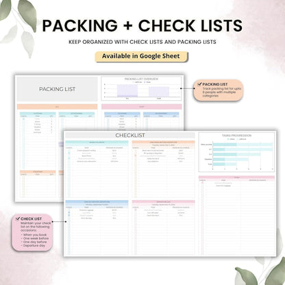 Travel Planner Google Sheets Travel Itinerary budget Spreadsheets Road Trip digital Planner Vacation Holiday Booking Organizer Packing List