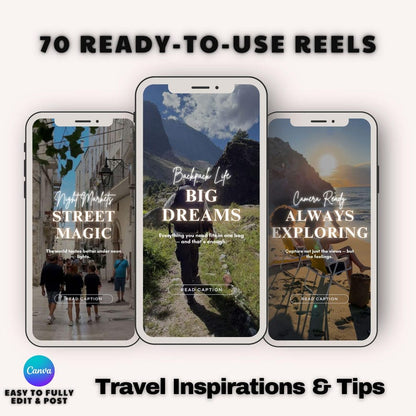 Inspirational Travel Instagram Reels: 70 Canva Templates with Captions (PLR MRR)
