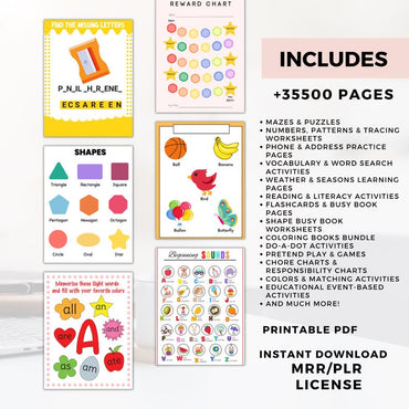 35500 Educational Kids Resources Bundle PLR MRR resell right, Kids Learning Bundle printable pages, coloring book, worksheets, games, number