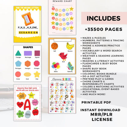 35500 Educational Kids Resources Bundle PLR MRR resell right, Kids Learning Bundle printable pages, coloring book, worksheets, games, number