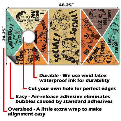 Retro Style Drinking Game - Cornhole Board Wrap - Set of 2