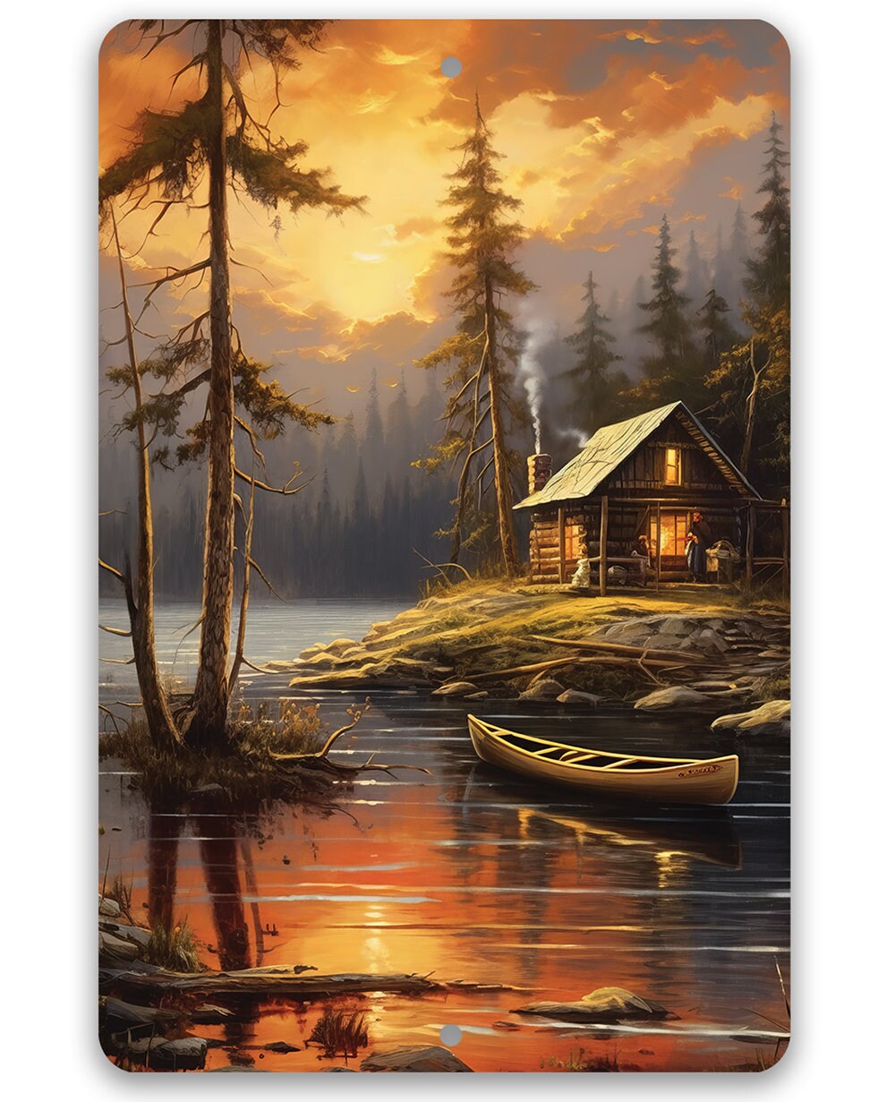 Cabin on the Lake Painting Art - Metal Sign