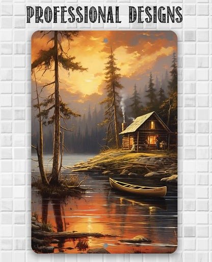 Cabin on the Lake Painting Art - Metal Sign