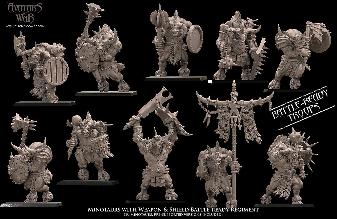 3D printed Minotaur Battle Ready Regiment w/Weapon & Shields by Avatars of War