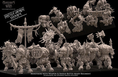 3D printed Minotaur Battle Ready Regiment w/Weapon & Shields by Avatars of War