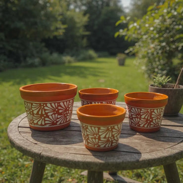 Set of 4 Talavera Flower Pots | Brown & White Terracotta Planters