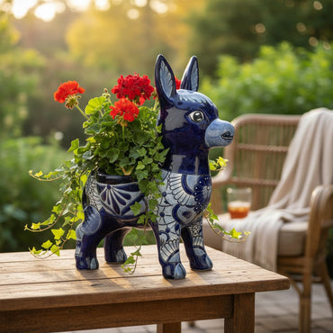 Large Talavera Donkey Planter | Blue and White Ceramic Burro Pot