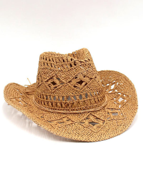 Modern hollow cowboy hat, hand-knitted straw hat, jazz hat with raised brim