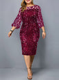 Plus Size Sequin Dress - Three Quarter Sleeve Round Neck Dress