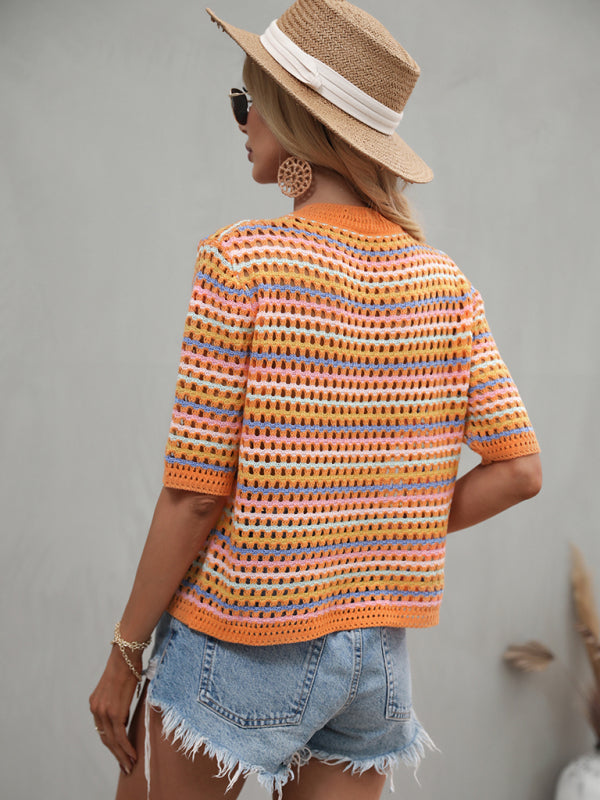 Paneled Hollow Knit Loose Crew Neck Striped Knit Sweater