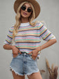 Paneled Hollow Knit Loose Crew Neck Striped Knit Sweater