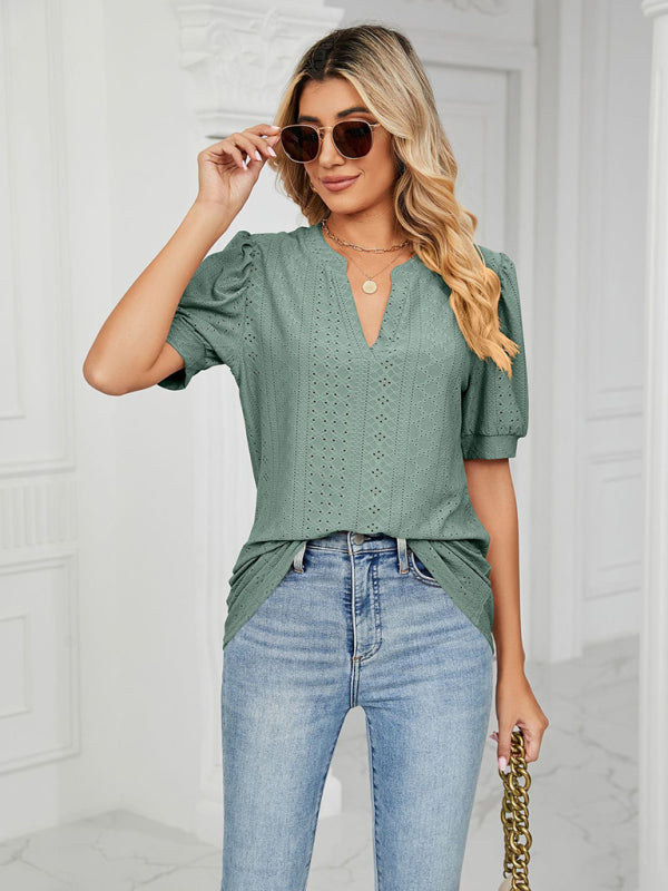 V-Neck Hollow Puff Sleeve Tank Top Rayon Women's Knit Blouse