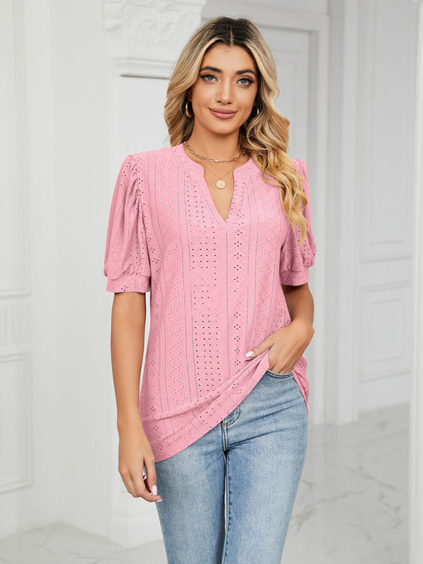 V-Neck Hollow Puff Sleeve Tank Top Rayon Women's Knit Blouse