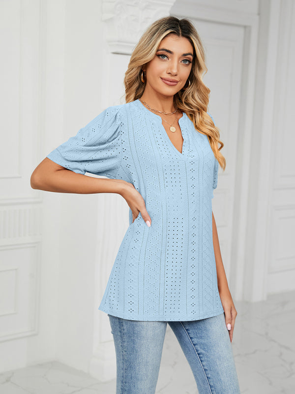 V-Neck Hollow Puff Sleeve Tank Top Rayon Women's Knit Blouse