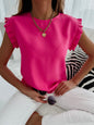 Round Neck Pleated Shirt - Short Sleeve Casual Blouse for Women