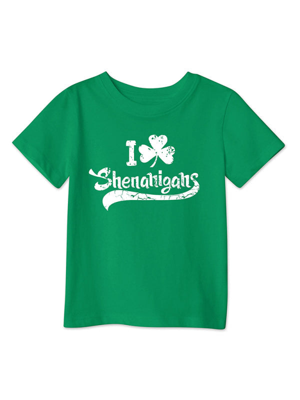 Modern style green clover printed loose pullover short-sleeved T-shirt for boys and girls