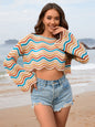 Modern patchwork round neck striped bikini beach cover-up