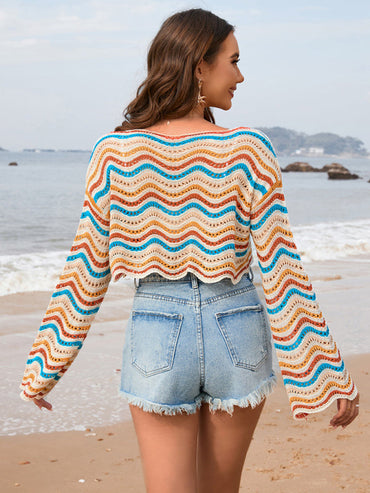 Modern patchwork round neck striped bikini beach cover-up