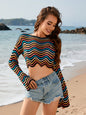 Modern patchwork round neck striped bikini beach cover-up