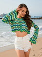 Modern patchwork round neck striped bikini beach cover-up