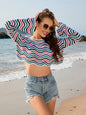 Modern patchwork round neck striped bikini beach cover-up