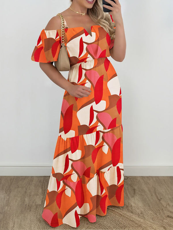 One Shoulder High Waist Contrast Color Dress - Orange Summer Dress