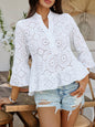 Solid color hollow v-neck three-quarter sleeve shirt