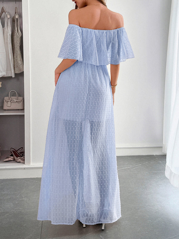 Elegant Strapless Waisted Short Sleeve Long Dress