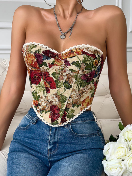 Floral Print Lace Chest Wrap Vest - French Style Fishbone Design