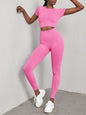 Women's Solid Color Seamless Exercise Yoga Short Sleeve & Pants Set