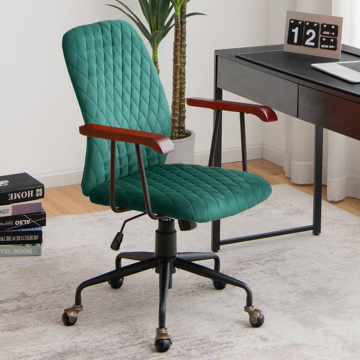 Velvet Office Chair with Wooden Armrests - Adjustable Height