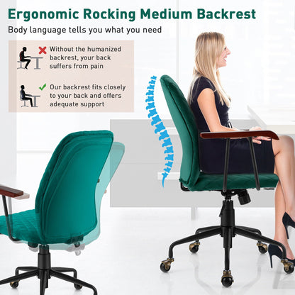 Velvet Office Chair with Wooden Armrests - Adjustable Height