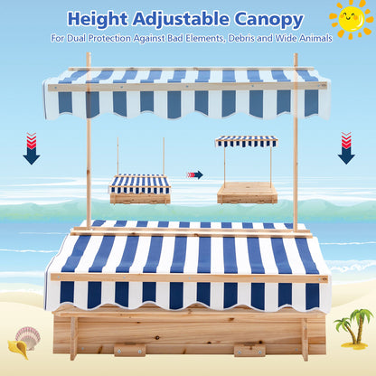 Kids Wooden Sandbox with Canopy and Bench Seats