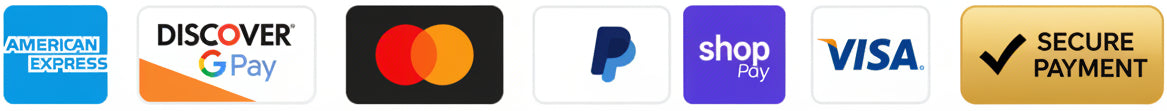 A payment security banner showing multiple accepted payment logos including AMEX, PayPal, Discover, Google Pay, Mastercard, PayPal, shop, VISA, and a gold 'Secure Payment' badge on a white background.
