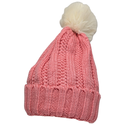 Knit Hat With Three Interchangeable Poms - Rose Pink