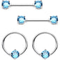 14G 9/16 Aqua Gem BCR Captive Ring Barbell Nipple Ring Set