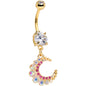 Pink Gem Encrusted Gold Tone Anodized Crescent Moon Dangle Belly Ring