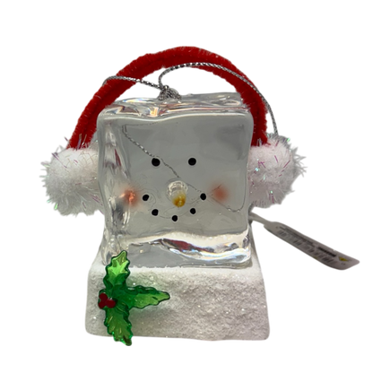 Lighted Snowman Cube with Earmuffs Ornament