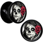 Black Acrylic Katrina Sugar Skull with Rose Flower Saddle Plug Set 00G